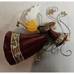 3D Tin Metal Angel Hanging Ornament Flying Old World Folk Art Angel With Stars